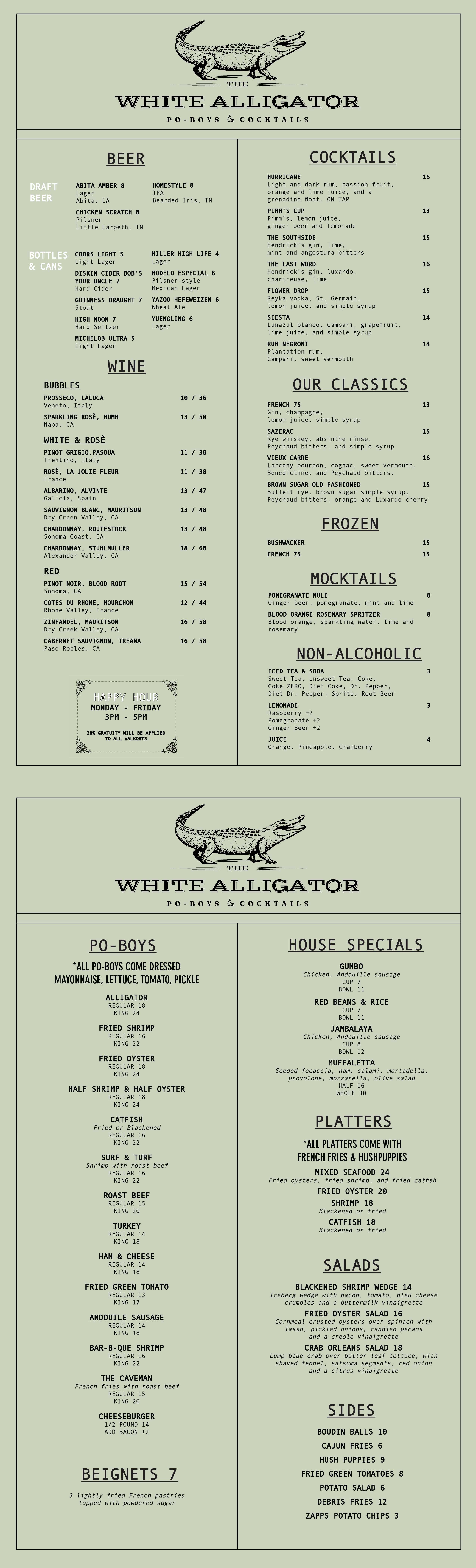 The White Alligator Franklin TN Menu